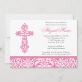 ピンクの華美な十字のダマスク織の女の子の洗礼の《キリスト教》洗礼式や命名式 招待状 (正面)