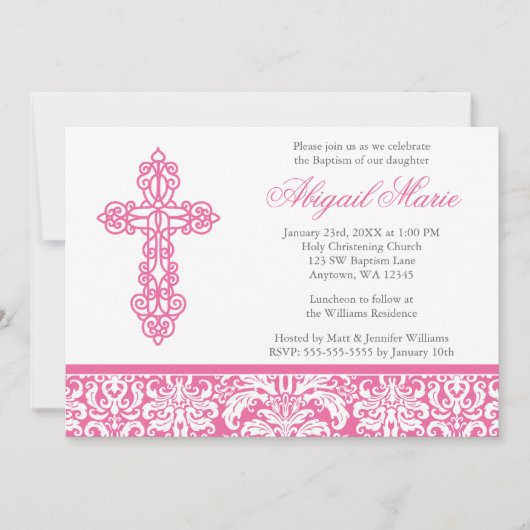 ピンクの華美な十字のダマスク織の女の子の洗礼の《キリスト教》洗礼式や命名式 招待状 (正面)