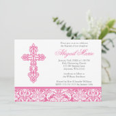 ピンクの華美な十字のダマスク織の女の子の洗礼の《キリスト教》洗礼式や命名式 招待状 (スタンド正面)