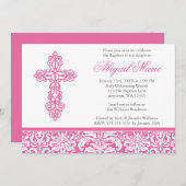 ピンクの華美な十字のダマスク織の女の子の洗礼の《キリスト教》洗礼式や命名式 招待状 (正面/裏面)