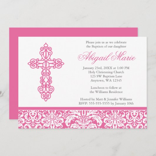 ピンクの華美な十字のダマスク織の女の子の洗礼の《キリスト教》洗礼式や命名式 招待状 (正面/裏面)