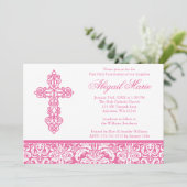 ピンクの華麗なクロス ダマスク ガール ファーストレシオンデイ 招待状 (スタンド正面)