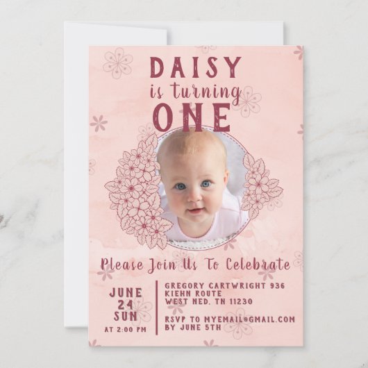 ピンクの落書き花の写真 招待状 (正面)