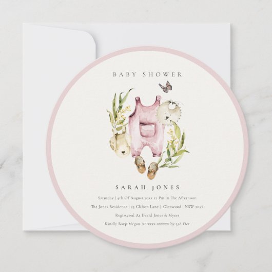 ピンクの葉の女の子服ベビーシャワー招待状 サンキューカード (正面)