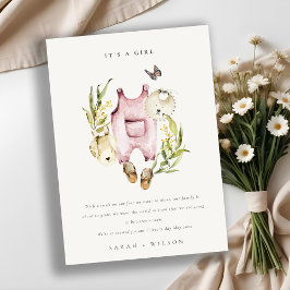 ピンクの葉の服の女の子のベビー発表 サンキューカード