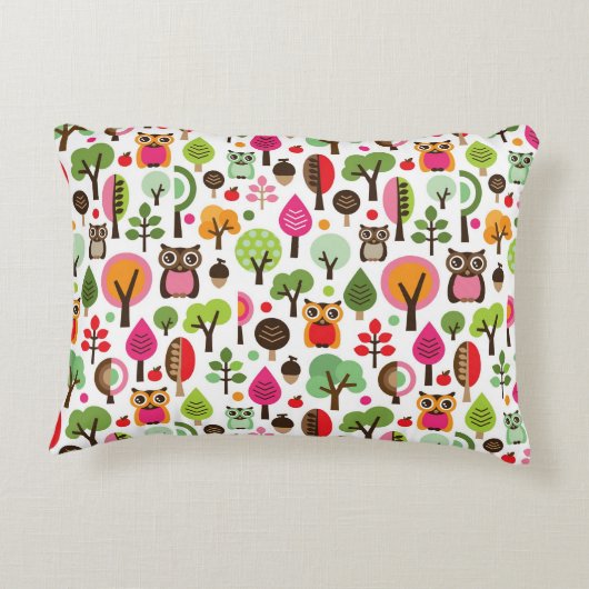 ピンクの葉の木のレトロのフクロウパターン アクセントクッション (裏面)