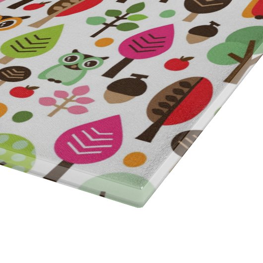ピンクの葉の木のレトロのフクロウパターン カッティングボード (角)