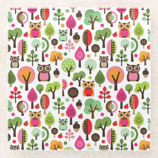 ピンクの葉の木のレトロのフクロウパターン ガラスコースター (正面)