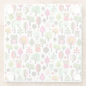 ピンクの葉の木のレトロのフクロウパターン ガラスコースター (裏面)