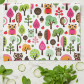 ピンクの葉の木のレトロのフクロウパターン キッチンタオル (折り畳み)