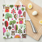 ピンクの葉の木のレトロのフクロウパターン キッチンタオル (四つ折り)