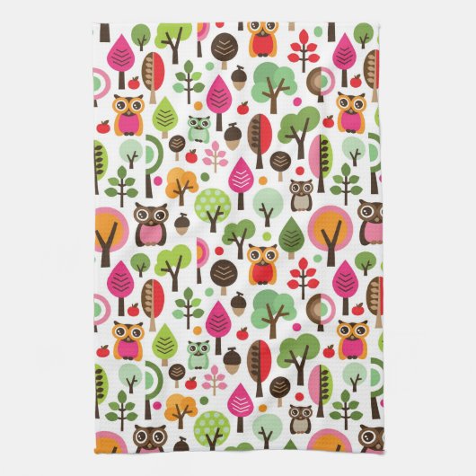 ピンクの葉の木のレトロのフクロウパターン キッチンタオル (縦)