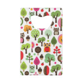 ピンクの葉の木のレトロのフクロウパターン クレジットカード栓抜き (裏面)