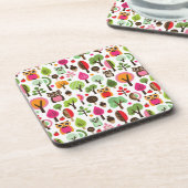 ピンクの葉の木のレトロのフクロウパターン コースター (左側)