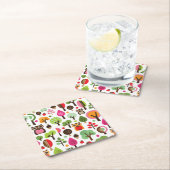 ピンクの葉の木のレトロのフクロウパターン スクエアペーパーコースター (インサイチュ)