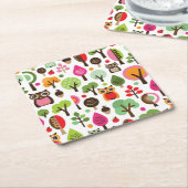 ピンクの葉の木のレトロのフクロウパターン スクエアペーパーコースター (アングル)