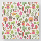 ピンクの葉の木のレトロのフクロウパターン ストーンコースター (正面)