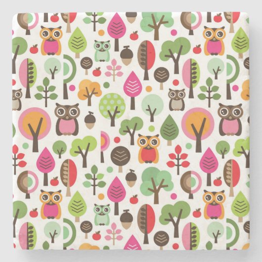 ピンクの葉の木のレトロのフクロウパターン ストーンコースター (正面)