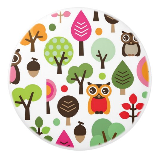 ピンクの葉の木のレトロのフクロウパターン セラミックノブ (正面)