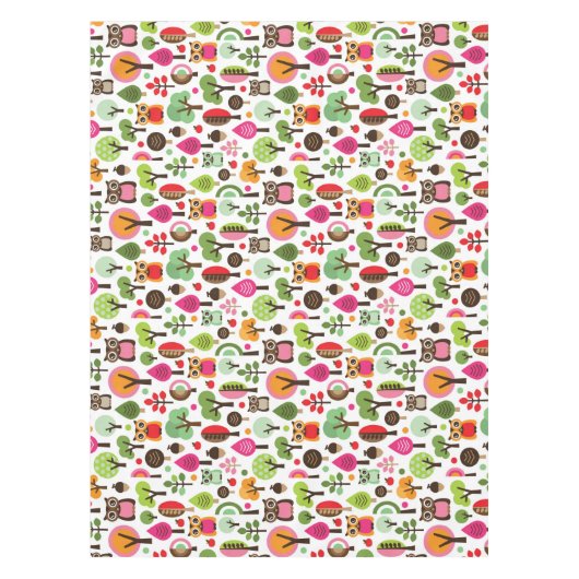 ピンクの葉の木のレトロのフクロウパターン テーブルクロス (正面)