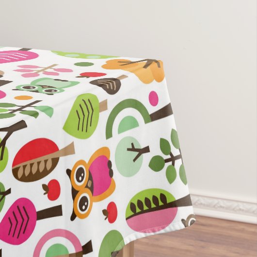 ピンクの葉の木のレトロのフクロウパターン テーブルクロス (インサイチュ)