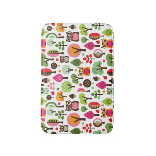 ピンクの葉の木のレトロのフクロウパターン バスマット (正面縦)