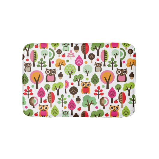 ピンクの葉の木のレトロのフクロウパターン バスマット (正面)