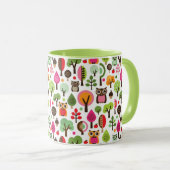 ピンクの葉の木のレトロのフクロウパターン マグカップ (正面右)