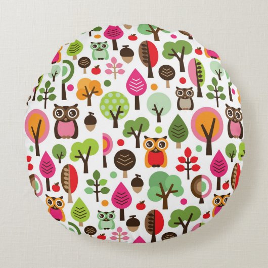 ピンクの葉の木のレトロのフクロウパターン ラウンドクッション (正面)