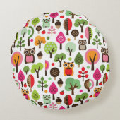 ピンクの葉の木のレトロのフクロウパターン ラウンドクッション (裏面)