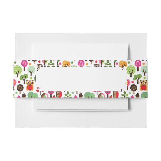 ピンクの葉の木のレトロのフクロウパターン 招待状ベリーバンド (正面例)