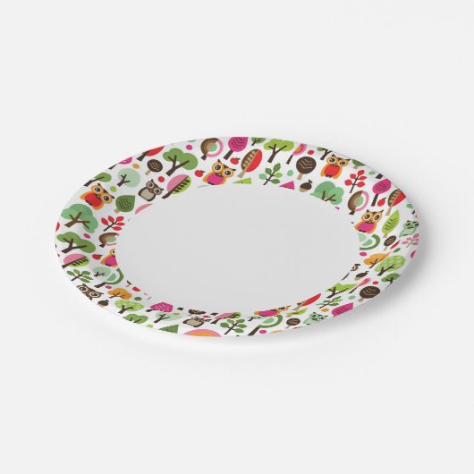 ピンクの葉の木レトロなフクロウの模様 ペーパープレート (アングル)