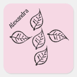 ピンクの葉の木版スクエアステッカー スクエアシール