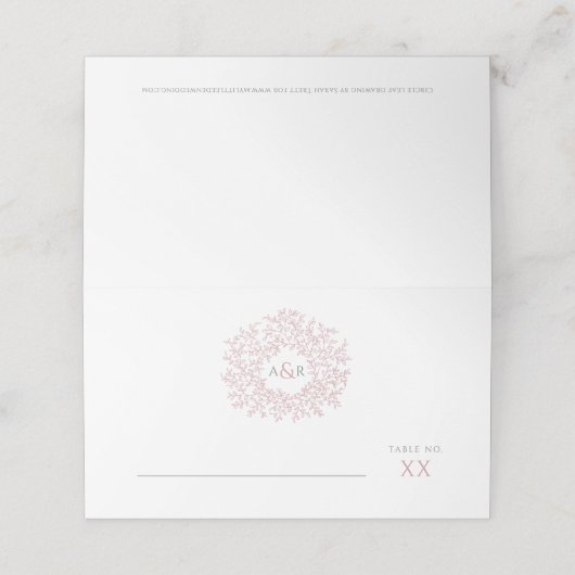 ピンクの葉スケッチモノグラム結婚の円 プレイスカード (外部開封)