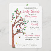 ピンクの葉ハート移動鳥の巣ベビーシャワー 招待状 (正面/裏面)