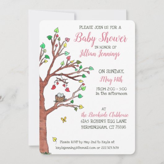 ピンクの葉ハート移動鳥の巣ベビーシャワー 招待状 (正面)