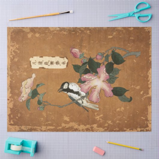 ピンクの葉フローラバード日本のヴィンテージの分離 薄葉紙 (クラフト)