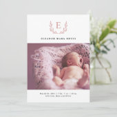 ピンクの葉リース写真の誕生のお知らせ 招待状 (スタンド正面)