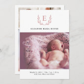 ピンクの葉リース写真の誕生のお知らせ 招待状 (正面/裏面)