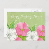 ピンクの葵ウォーターカラーフラワーズハッピーバースデー ポストカード (正面/裏面)