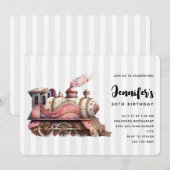 ピンクの蒸気機関車 ヴィンテージ スチームパンクスタイルの誕生日 招待状 (正面/裏面)