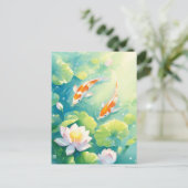 ピンクの蓮の花が咲く池を泳ぐ鯉 ポストカード (スタンド正面)
