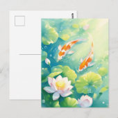 ピンクの蓮の花が咲く池を泳ぐ鯉 ポストカード (正面/裏面)