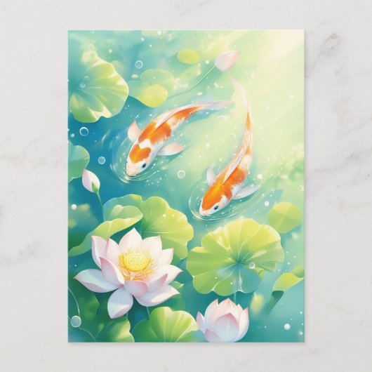 ピンクの蓮の花が咲く池を泳ぐ鯉 ポストカード (正面)