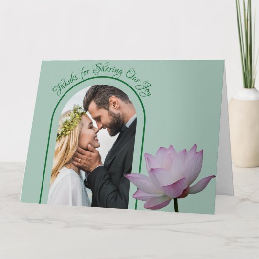 ピンクの蓮の花と結婚緑 サンキューカード (正面)