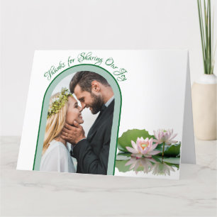ピンクの蓮の花と結婚緑 サンキューカード