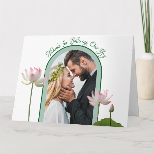 ピンクの蓮の花と結婚緑 サンキューカード (正面)