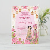 ピンクの蓮の花のガーランドランタン インドの結婚式 招待状 (スタンド正面)