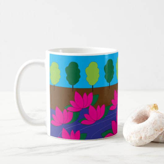 ピンクの蓮の花の庭 コーヒーマグカップ (ドーナツ)