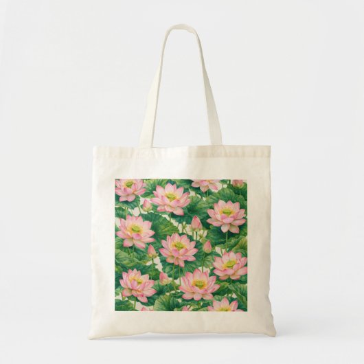 ピンクの蓮の花の植物図案の池の模様 トートバッグ (正面)